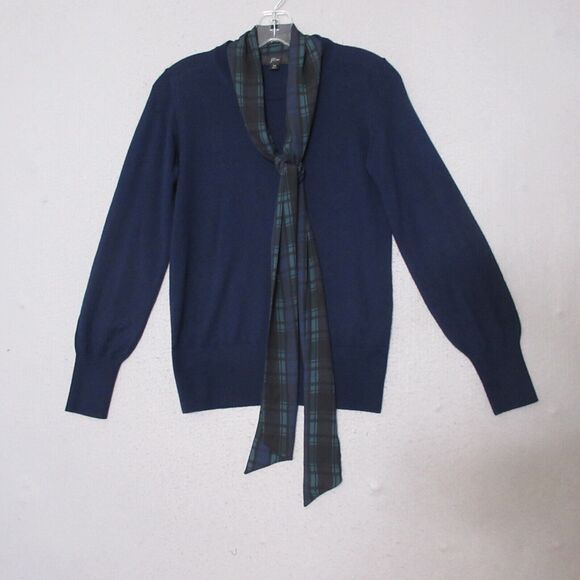J Crew Sweater XS Blue Tartan Black Watch Plaid Scarf Merino Wool - Picture 1 of 9